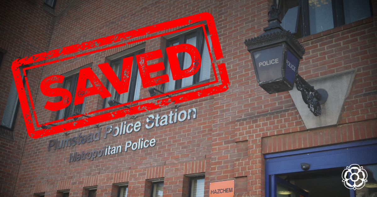 Outside of Plumstead Police Station with a red stamp which says 'SAVED'