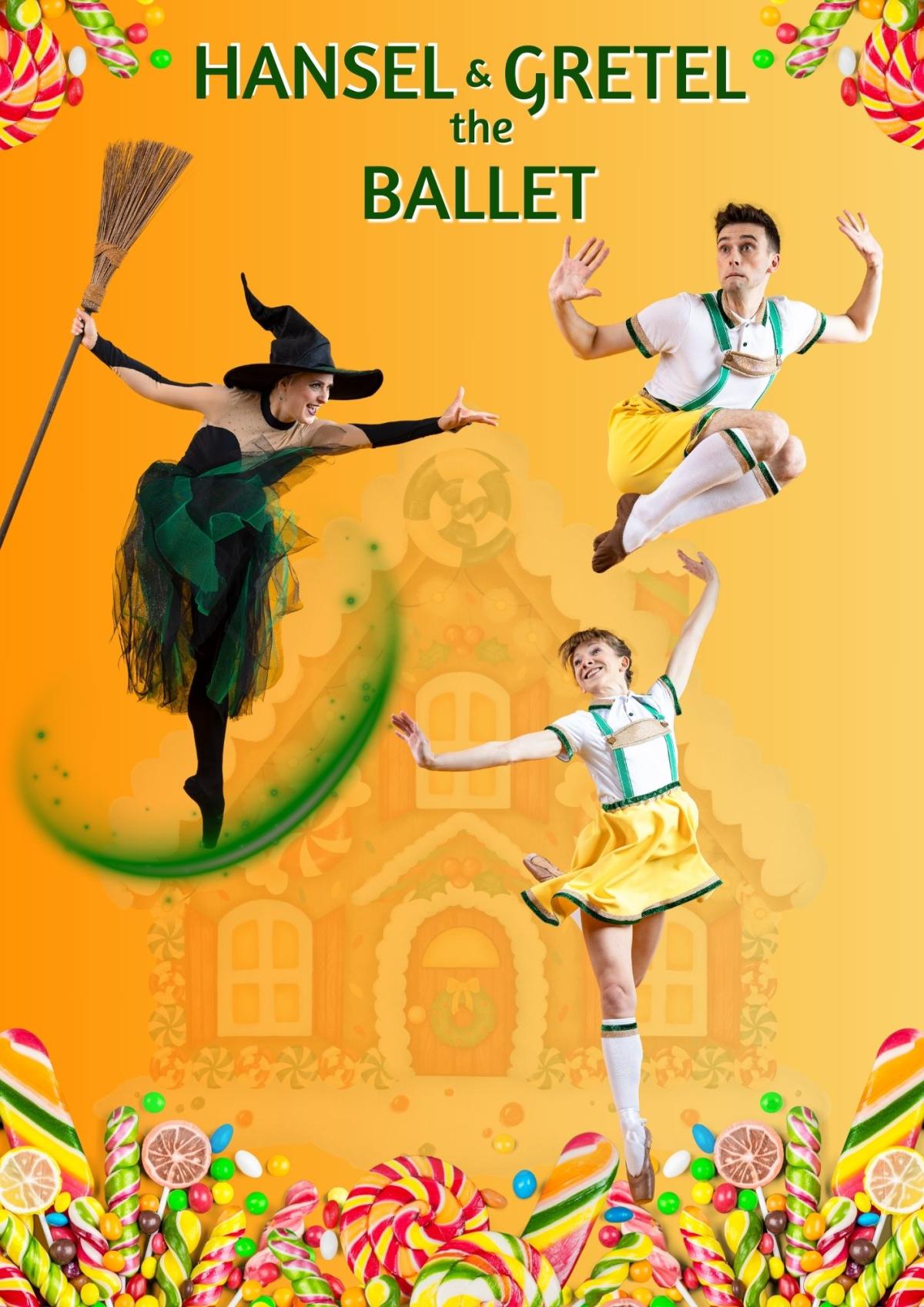 A dancer dressed as a witch points at two other dancers dressed as Hansel and Gretel against a yellow background. The title says: Hansel and Gretel the ballet