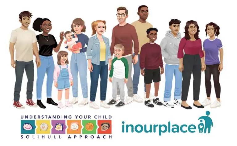 Illustration of diverse families from young to old. The logo for Understanding your child Solihull Approach and In Our Place is at the bottom.