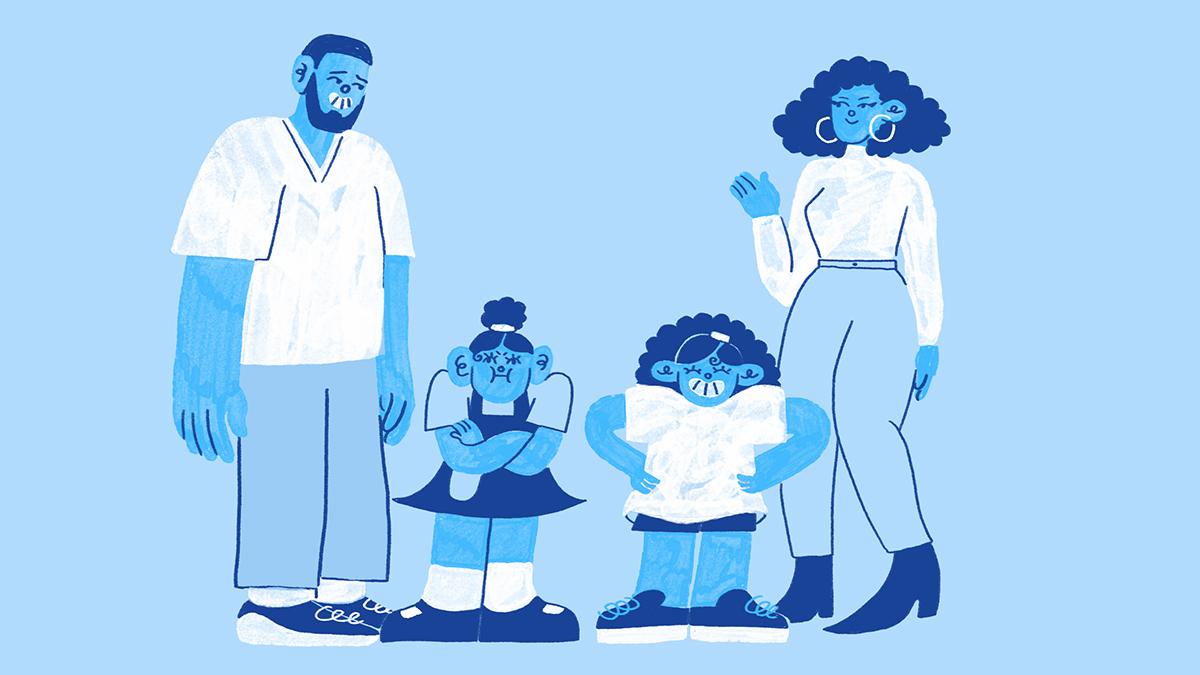 Illustration in different shades of blue from the "Families Under Pressure" series showing a two parents and two children looking stressed and under pressure