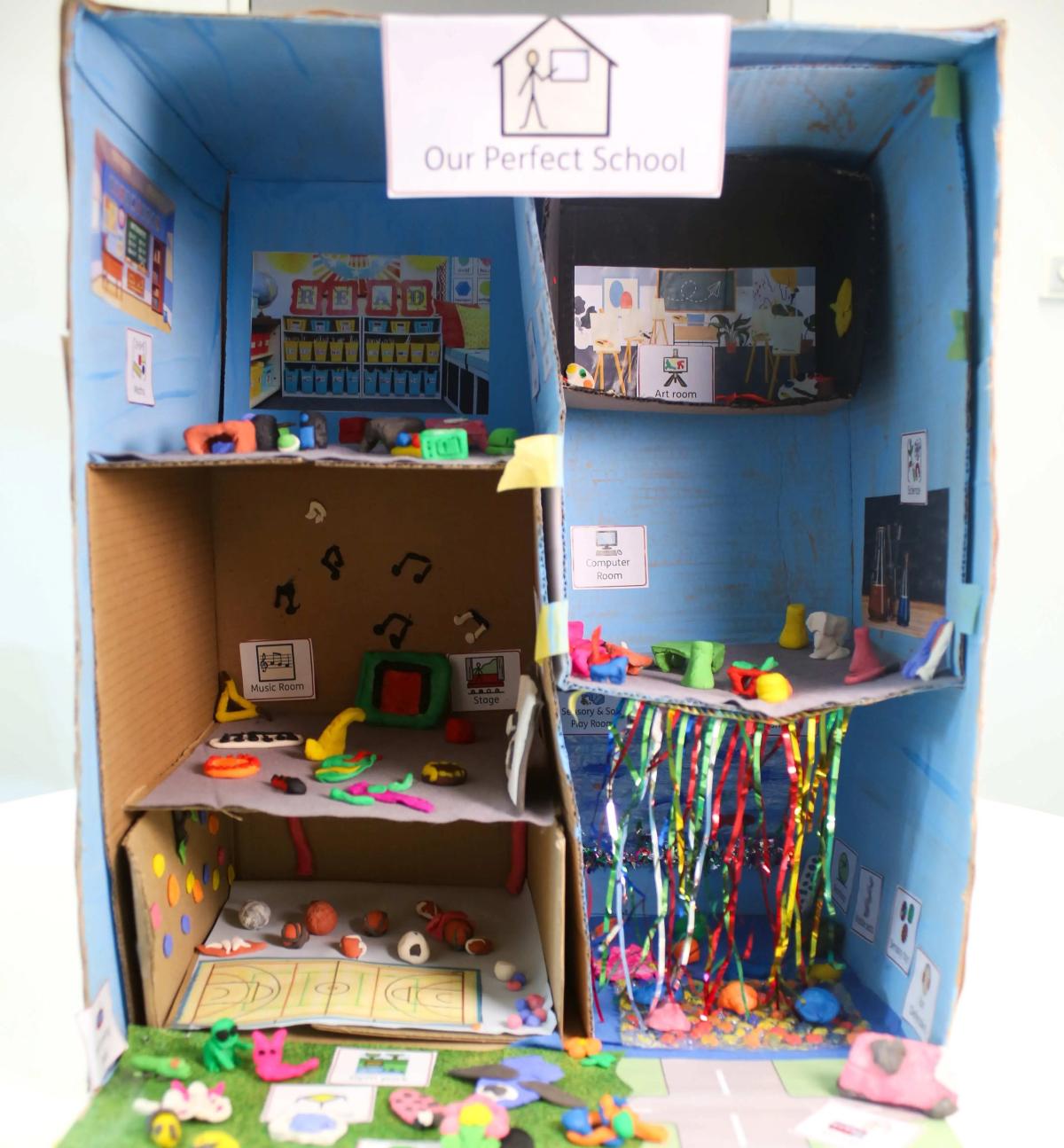 'Out perfect school' a school made by SEND students out of cardboard boxes and craft materials