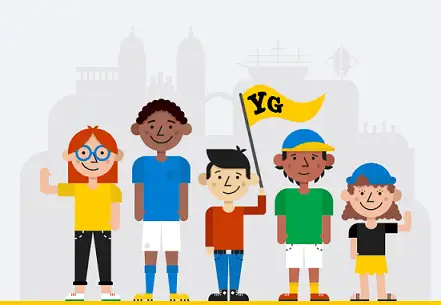 Illustration of five diverse young people with the middle person holding a yellow flag that says YG.