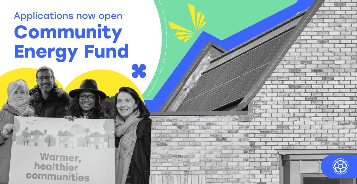 Solar-powered house and councillors with the caption 'Applications now open, Community Energy Fund'