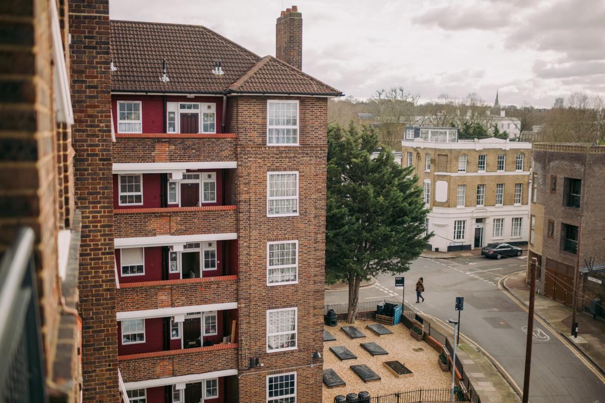 A photo of Ernest Dence housing estate taken from an upper floor balcony