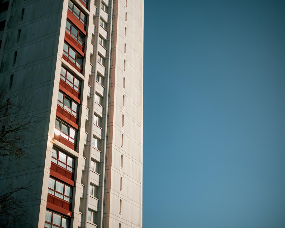 Claymill House against a clear blue sky