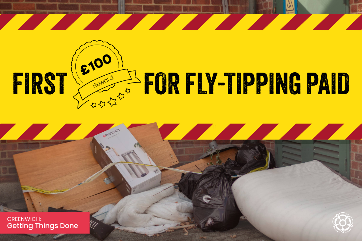 An image of a fly-tip with the graphic "first £100 reward for fly-tipping paid"
