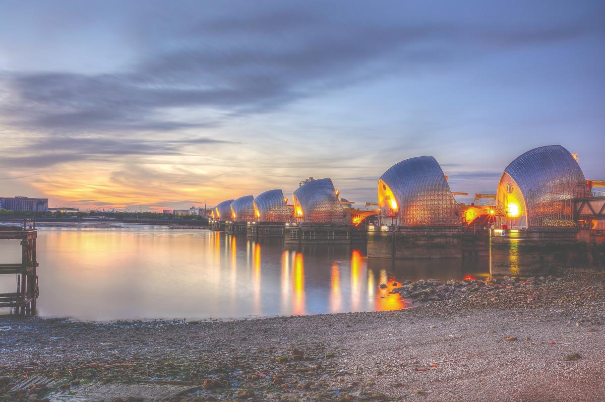 The Thames Barrier at sunset.
