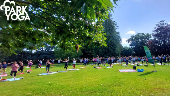 A group of people doing yoga in a park