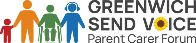 four multi-coloured cut out figures that represent a family with the words Greenwich SEND Voice. the o in voice is a yellow sunflower