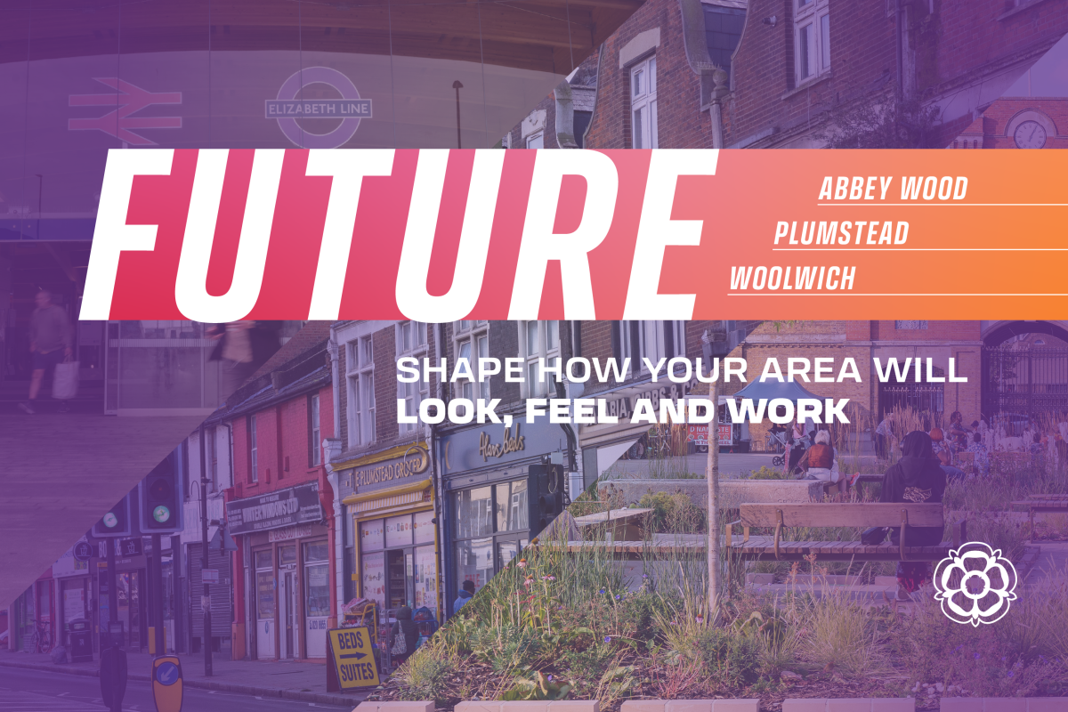 A graphic used to promote the Urban Regeneration Frameworks project across Abbey Wood, Plumstead and Woolwich