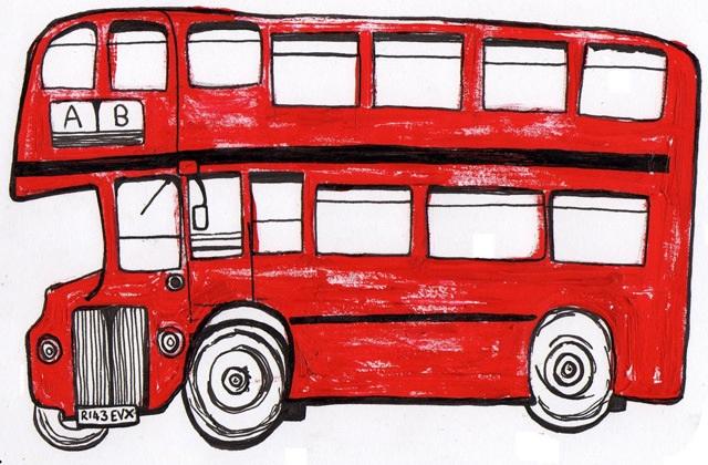 line drawing of a red double decker bus