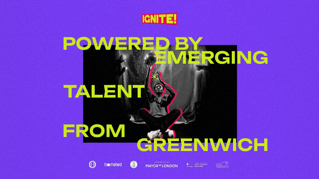 Text: Powered by emerging talent from Greenwich. An image of a young person sitting cross legged, holding a disco ball in the air.