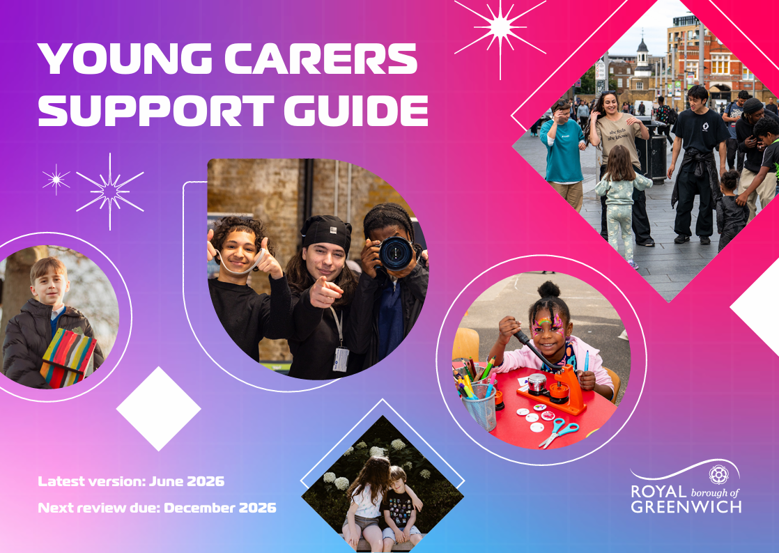 Front cover of the young carers support guide, featuring lots of different photos of young people doing a thumbs up at the camera, break dancing and an older sister with her arm around her little brother. The cover is purple and pink and there is Greenwich council logo bottom right.