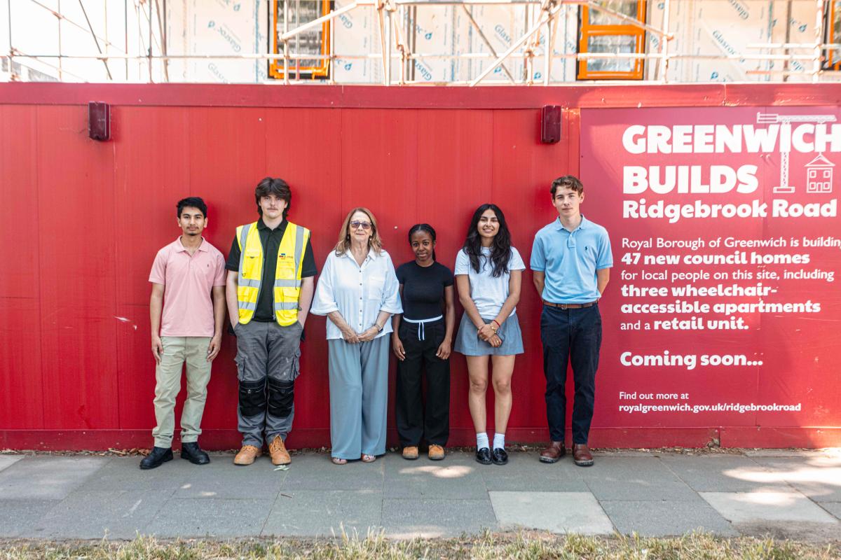 Work experience students Jeras, Tyler, Deputy Leader and Cabinet Member for Housing, Greenwich Builds and Estate Regeneration Cllr Jackie Smith, work experience students Jada, Candela and Killan