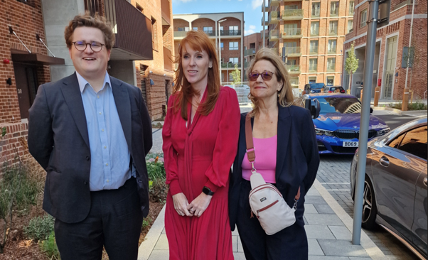 Councillor Tom Creswell, Angela Rayner MP and Councillor Jackie Smith.