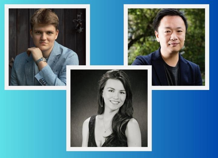 The faces of the three Lunchtime Recital performers: Clara Orif, Aksel Rykkvin, James Cheung.