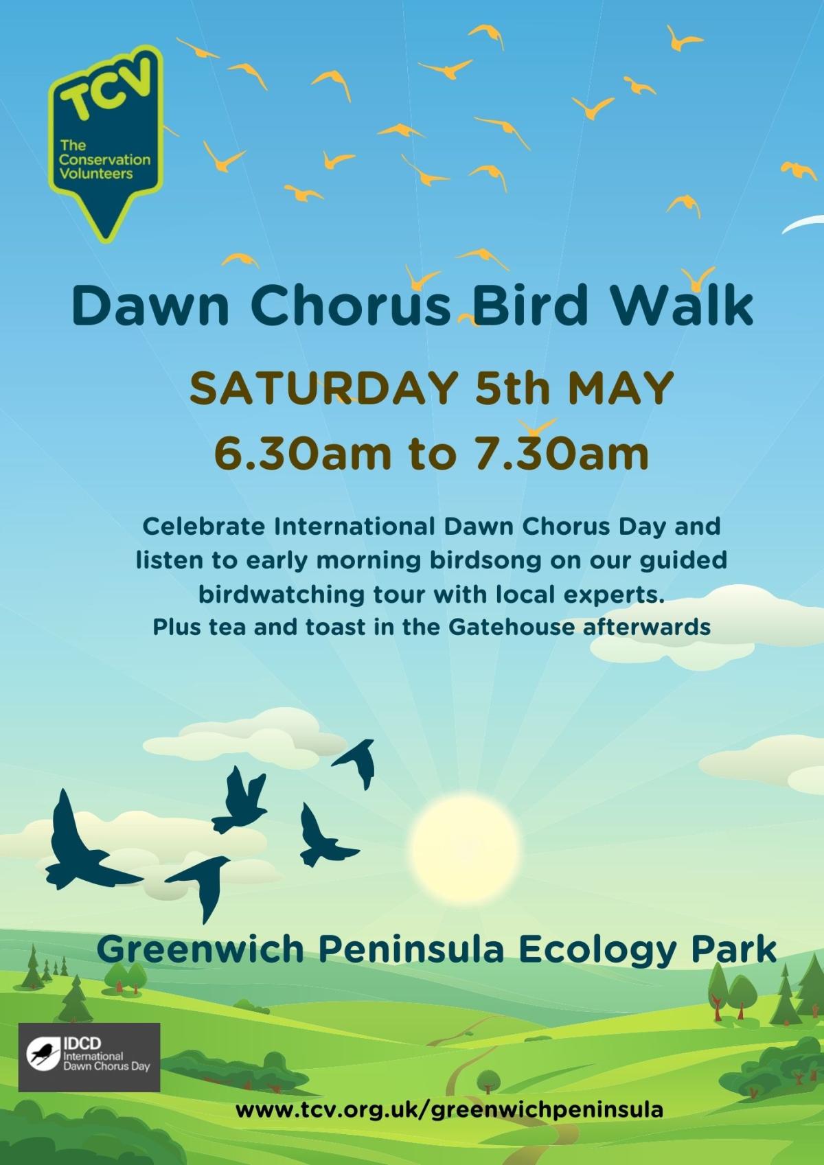 Illustration of a valley, blue sky, sun, clouds and birds. Text reading "Dawn Chorus Bird Walk Saturday 5th May 6.30am to 7.30am"