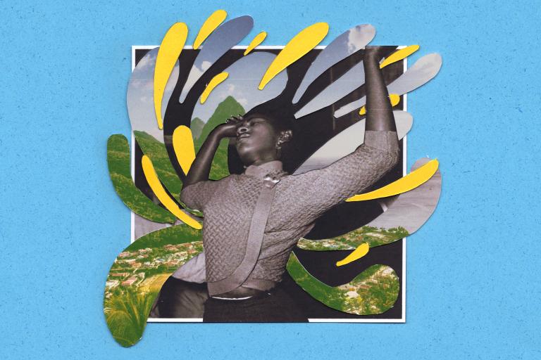 Light blue backround, image of a woman dancing laid on top of cutout images of a tropical island.