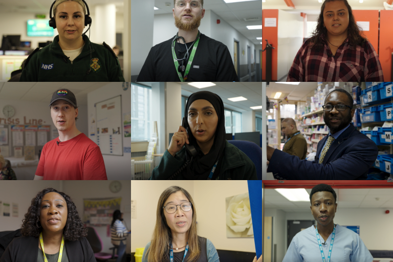 A collage of nine NHS workers involved in the making of the film.