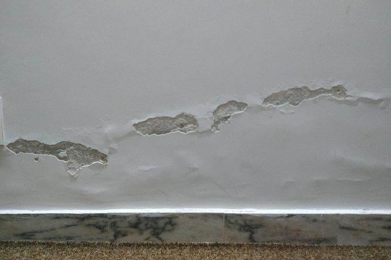 An example of what damp might look like in your home: plaster peeling off a wall in patches