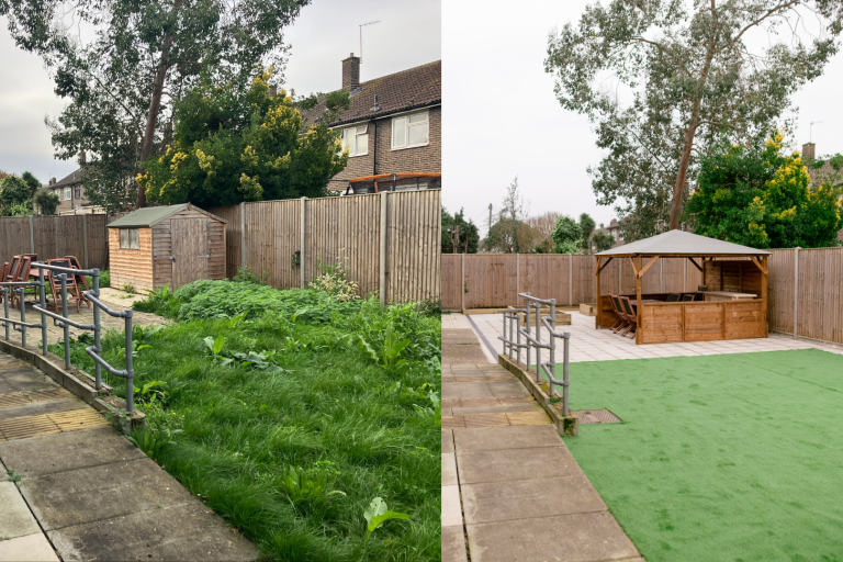 Photos showing the garden at the children's care home before and after the renovation.