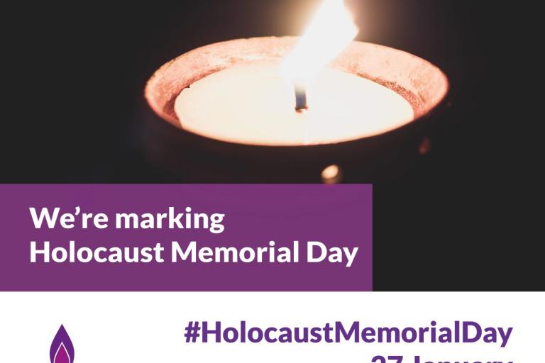 A lit candle and the words 'We're marking Holocaust Memorial Day 27 January'