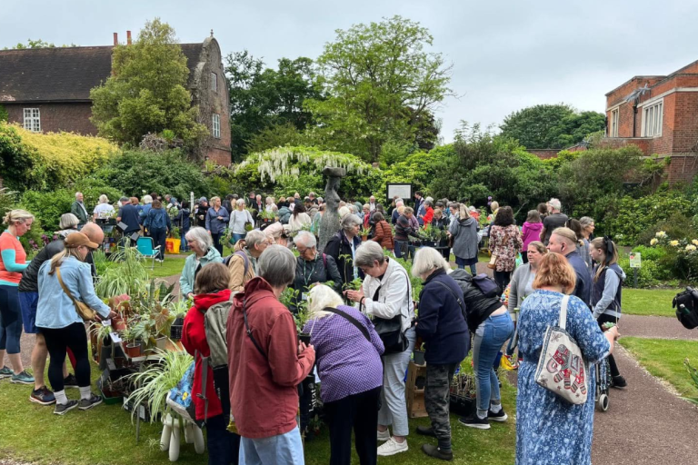 A group of people at a plant fair in the gardens at Charlton House