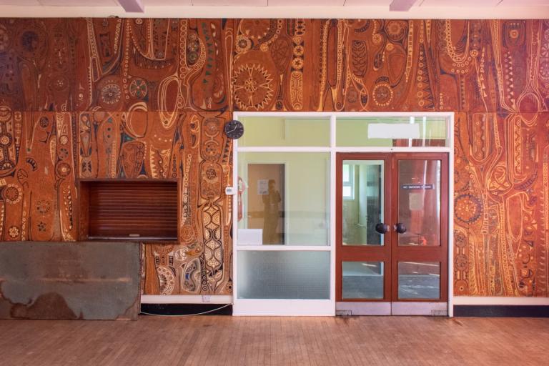 A photograph of the William Mitchell mural installed in its original location