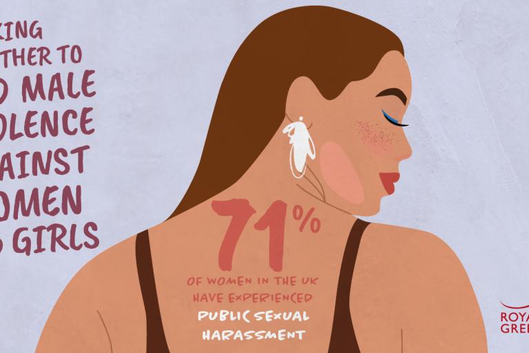 Illustration of a woman in profile with text promoting the end of male violence against women and girls. Text highlights that 71% of UK women have experienced public sexual harassment. Logo of Royal Borough of Greenwich in the corner.