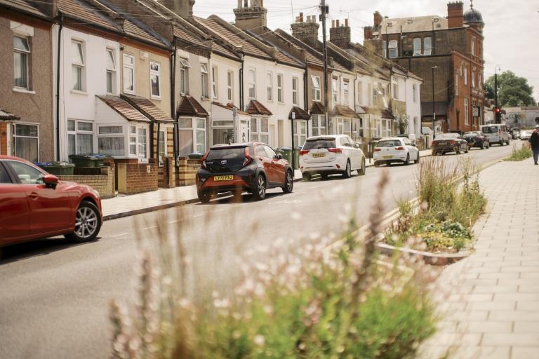A picture showing a street in the Royal Borough of Greenwich which includes elements of what makes up a Sustainable Street