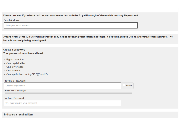 What will show on the Create an account page: a field to add your email address and a password, and confirm your password.