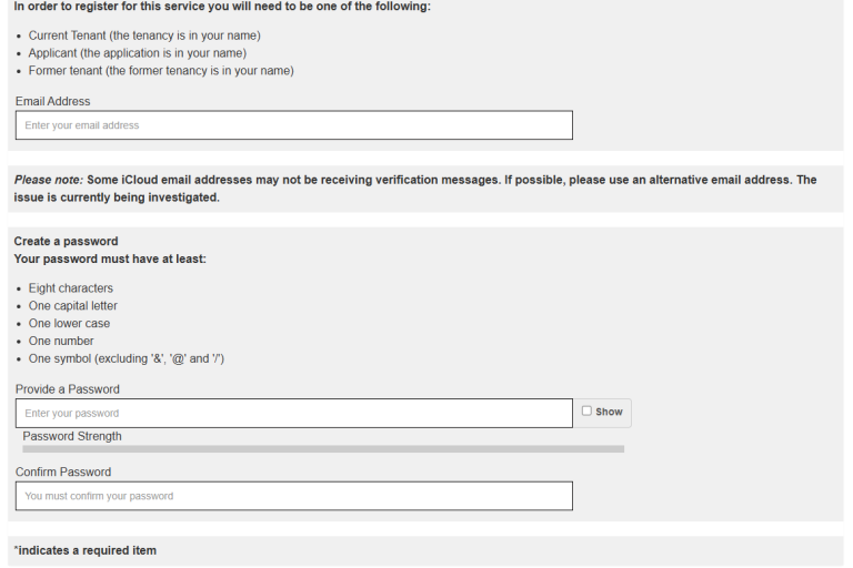 What will show on the Create an account page: a field to add your email address and a password, and confirm your password.