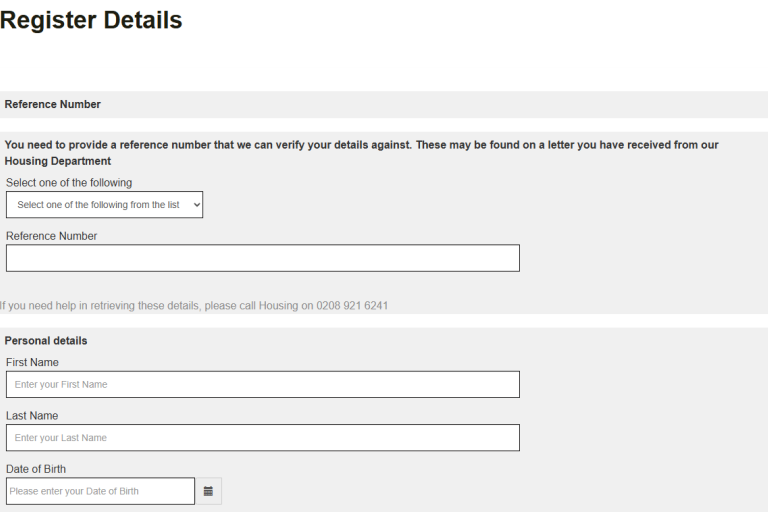 What will show after you enter your email and address: a field to select what reference you want to provide and enter your reference number followed by fields to add your personal details.