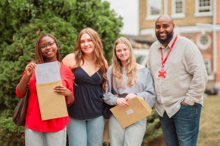Cllr Adel Khaireh with GCSE student, her mum and her teacher celebrating results day 2025