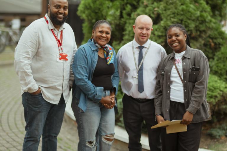 Cllr Adel Khaireh with GCSE student, her mum and her teacher celebrating results day 2025