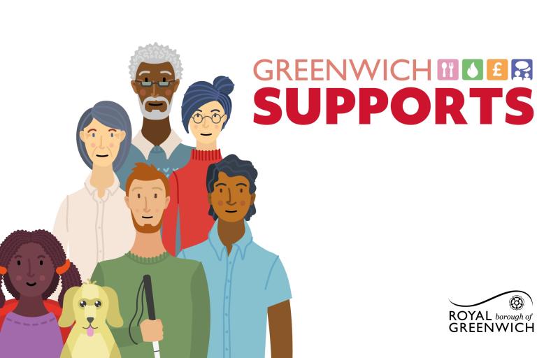 A diverse group of people, including a guide dog, with the words Greenwich Supports on the right with icons for food, heating, money and talking.