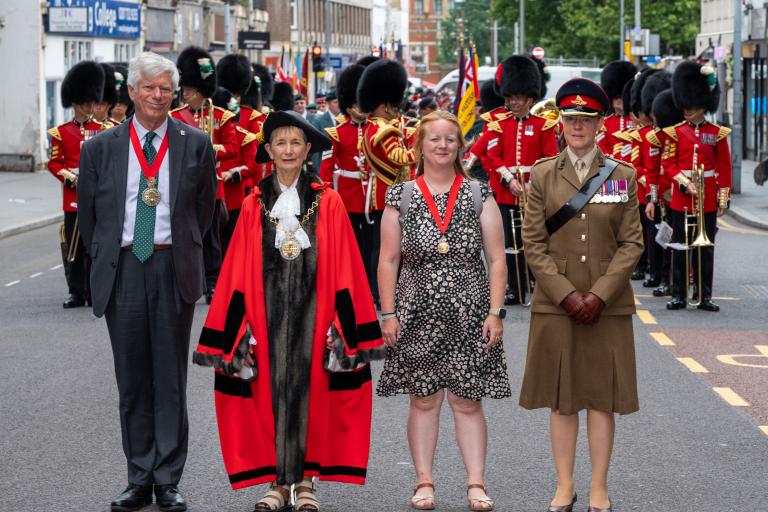 Cllr Linda Bird, Mayor of Royal Greenwich with her Consorts and Deputy Mayor Cllr David Gardner