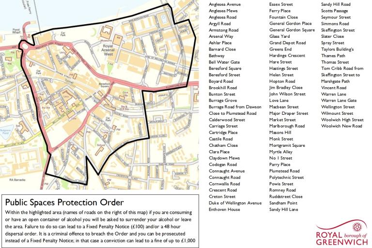 Map of Woolwich town centre with an area highlighted where the PSPO applies with a list of street names