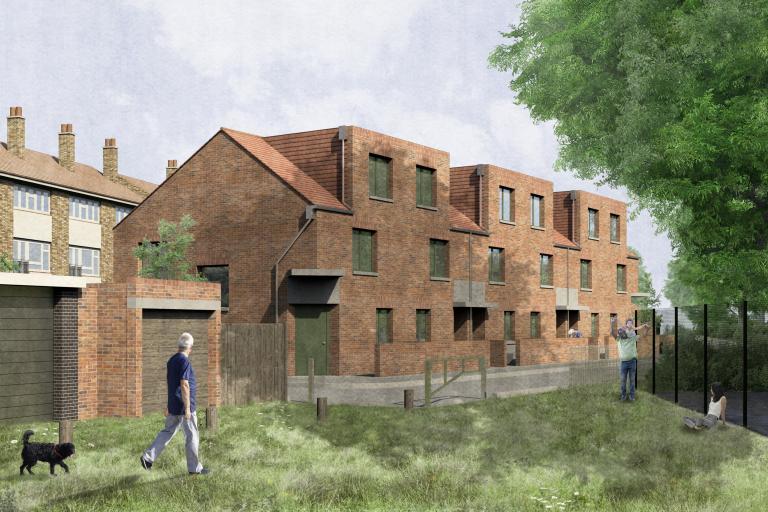 A computer generated image showing how some of the newly approved council homes could look, with a three storey red brick building featuring a pitched tiled roof.