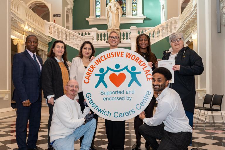 Image showing Cllrs Lolavar and Hyland alongside representatives from Greenwich Carers Centre and the council's HR team.