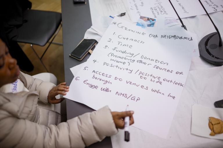 A young girl with a sharpie writing down ideas on an A3 poster about how to grow the neighbourhood.