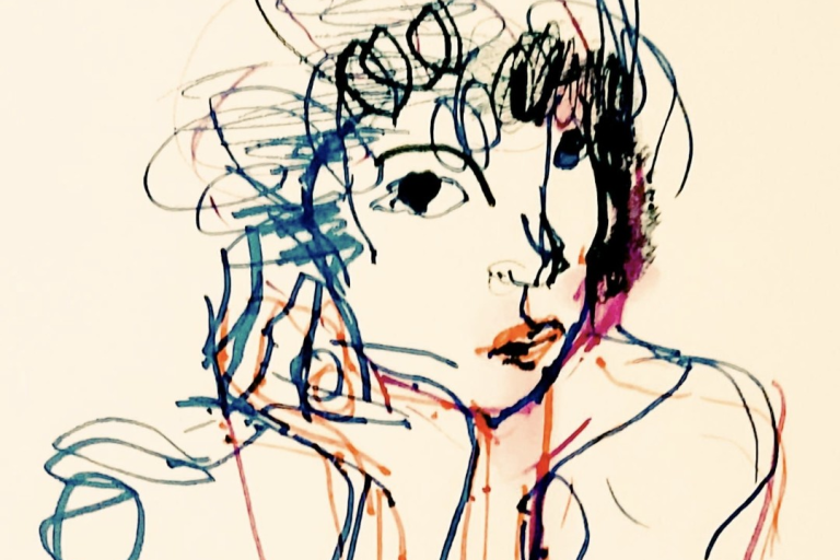 A rough sketch of a woman made out of different coloured lines.