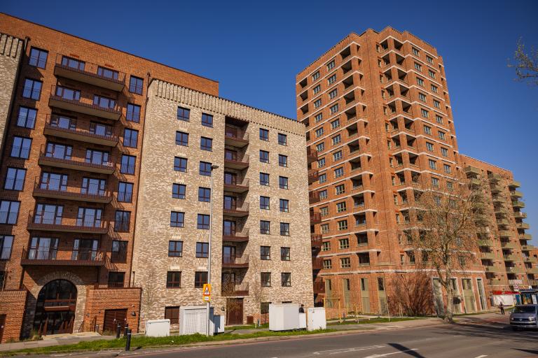 A photo of the newly completed council home blocks at Kidbrooke Park Road South.