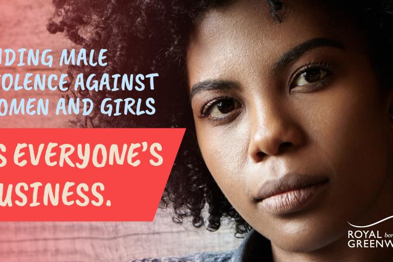 Close up shot of a woman with a red background which says 'Ending male violence against women and girls is everyone's business'
