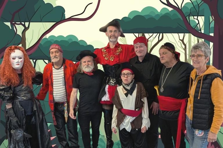 The line up of a pirate crew before a performance. 