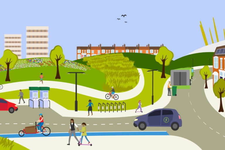 Graphic of a neighbourhood with houses, cars, people and green spaces