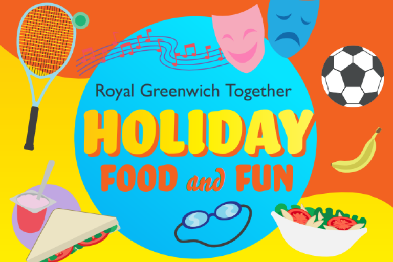 A yellow and orange logo with images of food and sports activities. The writing says 'Royal Greenwich Together, Holiday Food and Fun.'