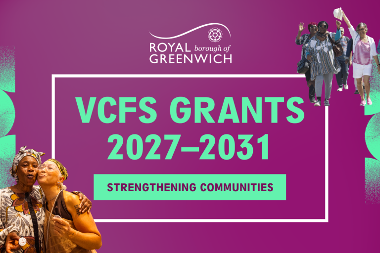 Text VCFS Grants 2027 to 2031, strengthening communities on a purple background with a group of people at the top right and bottom left corners