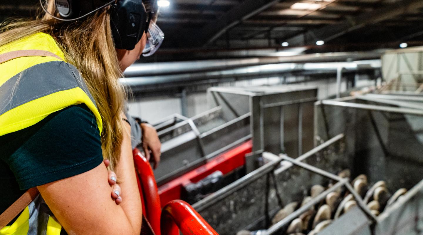 A person wearing a hi vis vest and hard hat, looking out over a recycling plant.