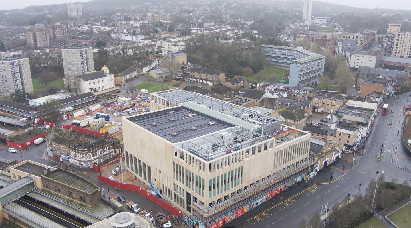 Aerial image of the new leisure centre in Woolwich